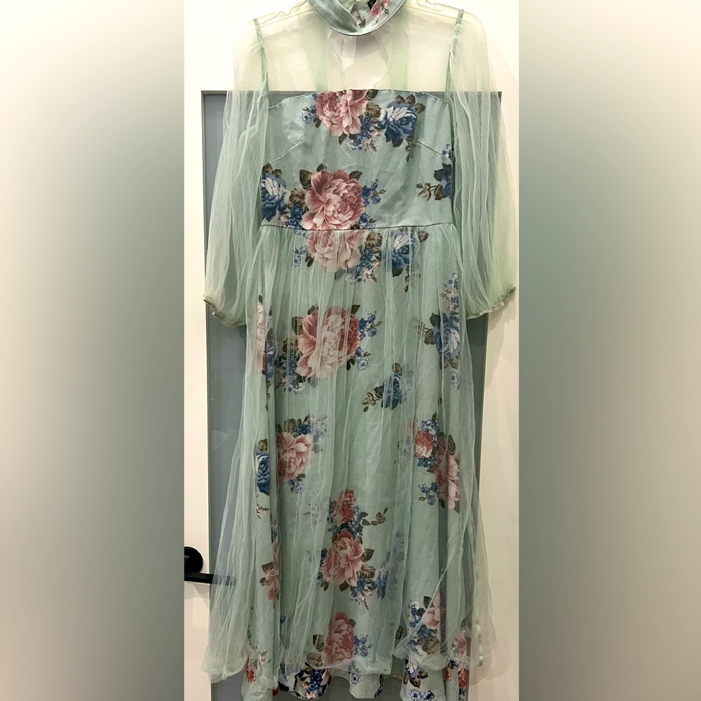 SHEIN Mint Green Floral Mesh Overlay Dress Size Medium